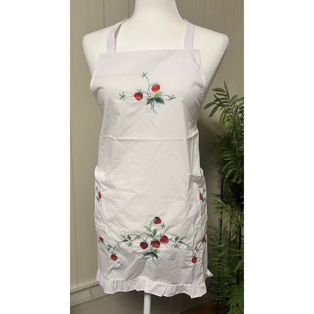 Vintage Macy's Apron White Ruffled with Embroidered Strawberries Farmhouse EUC